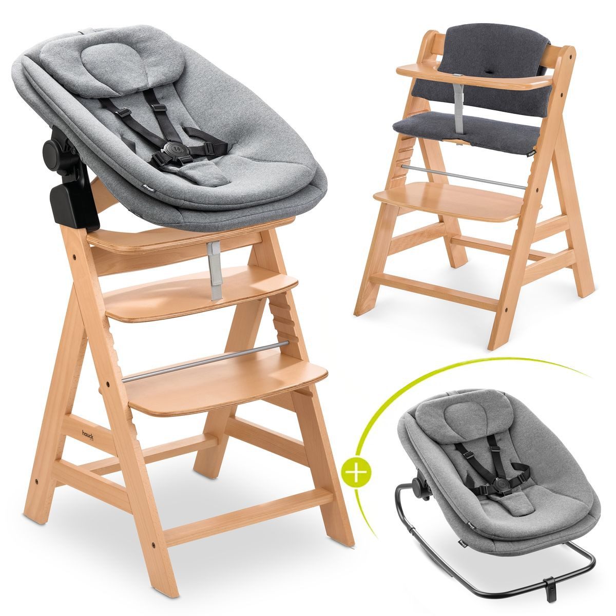 Hauck Hochstuhl Alpha Plus Natur Newborn Set (Set), Holz Babystuhl ab Geburt inkl. Aufsatz für Neugeborene & Sitzauflage
