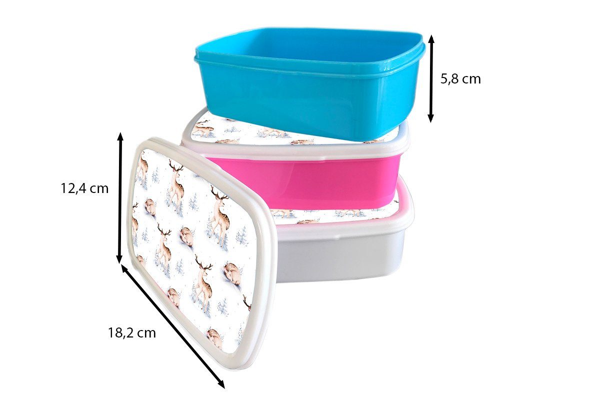 Mädchen MuchoWow - Kunststoff, für Winter Kinder Brotbox Brotdose, und Hirsche, weiß und für Jungs Erwachsene, Schnee Lunchbox (2-tlg), -