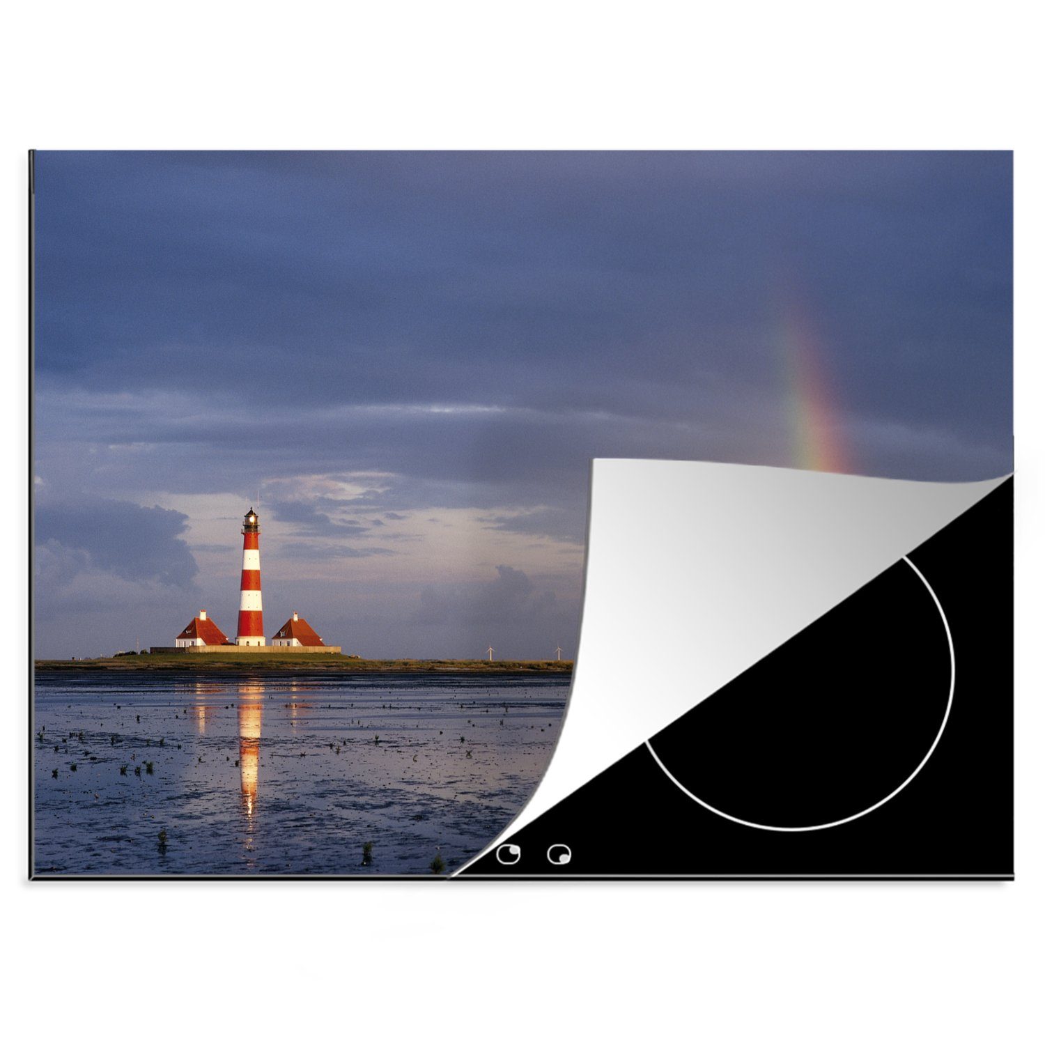 MuchoWow Herdblende-/Abdeckplatte Leuchtturm - Regenbogen - Watteninseln, Vinyl, (1 tlg), 70x52 cm, Mobile Arbeitsfläche nutzbar, Ceranfeldabdeckung