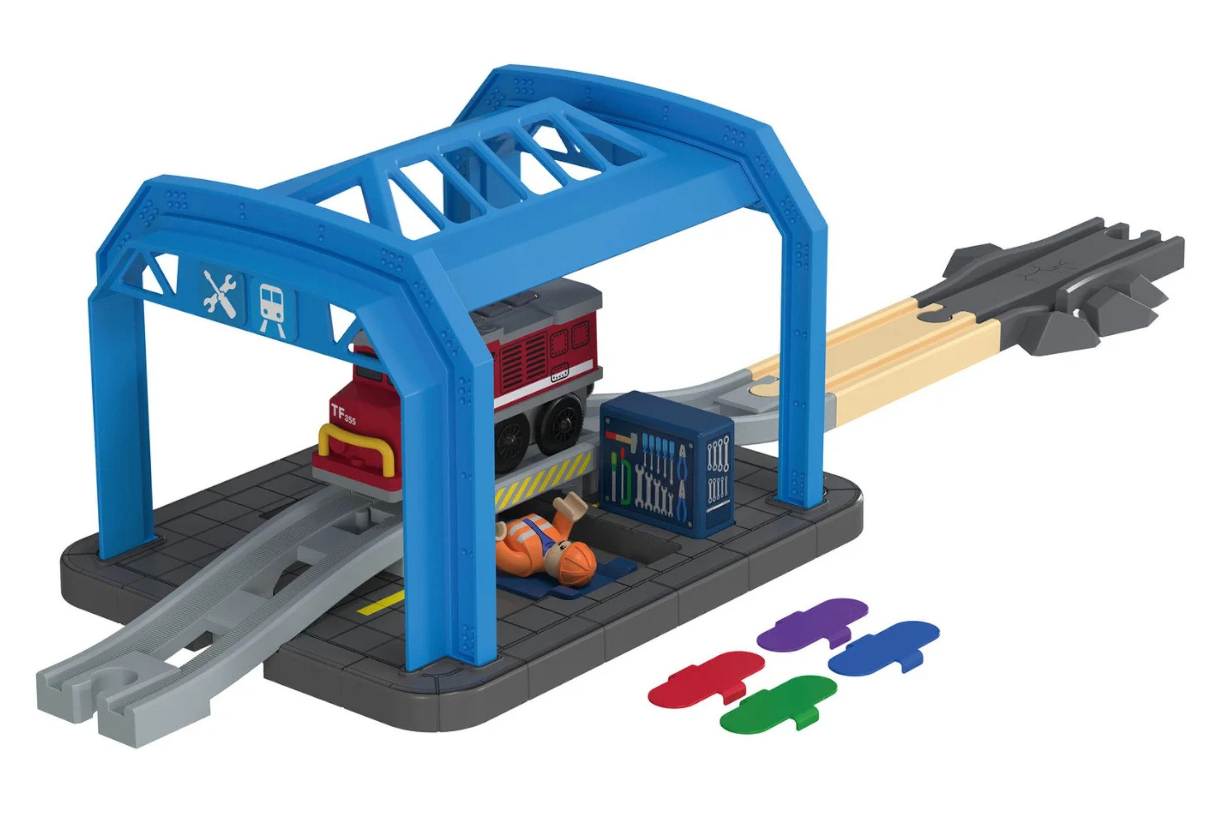 Playtive Spielzeugeisenbahn-Erweiterung Playtive Eisenbahn-Werkstatt Set mit Farberkennung, Licht & Sound, (Set, 11-tlg), Farberkennung, Licht- und Soundeffekte, kompatibel mit Holzschienen