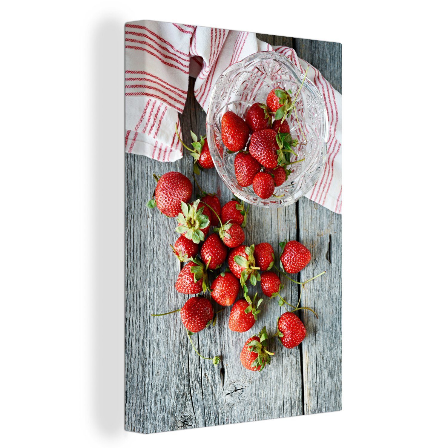 OneMillionCanvasses® Leinwandbild Erdbeere - Glas - Tisch, (1 St), Leinwandbild fertig bespannt inkl. Zackenaufhänger, Gemälde, 20x30 cm