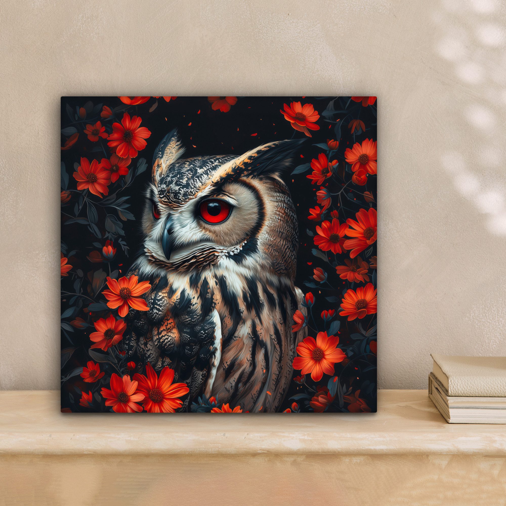OneMillionCanvasses® Leinwandbild Eule - Waldtiere - Rote Blumen - Natur, F günstig online kaufen