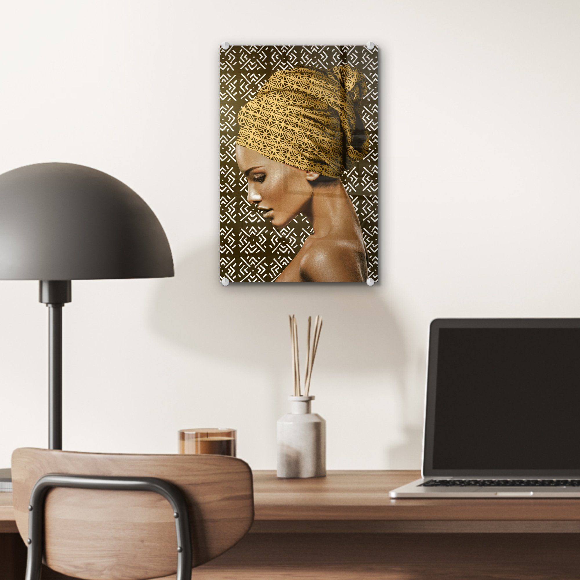 MuchoWow Acrylglasbild Frau auf Schnittmuster, Kopftuch (1 Glas Bilder St), auf - Foto Glas - Wanddekoration - Wandbild - Glasbilder 