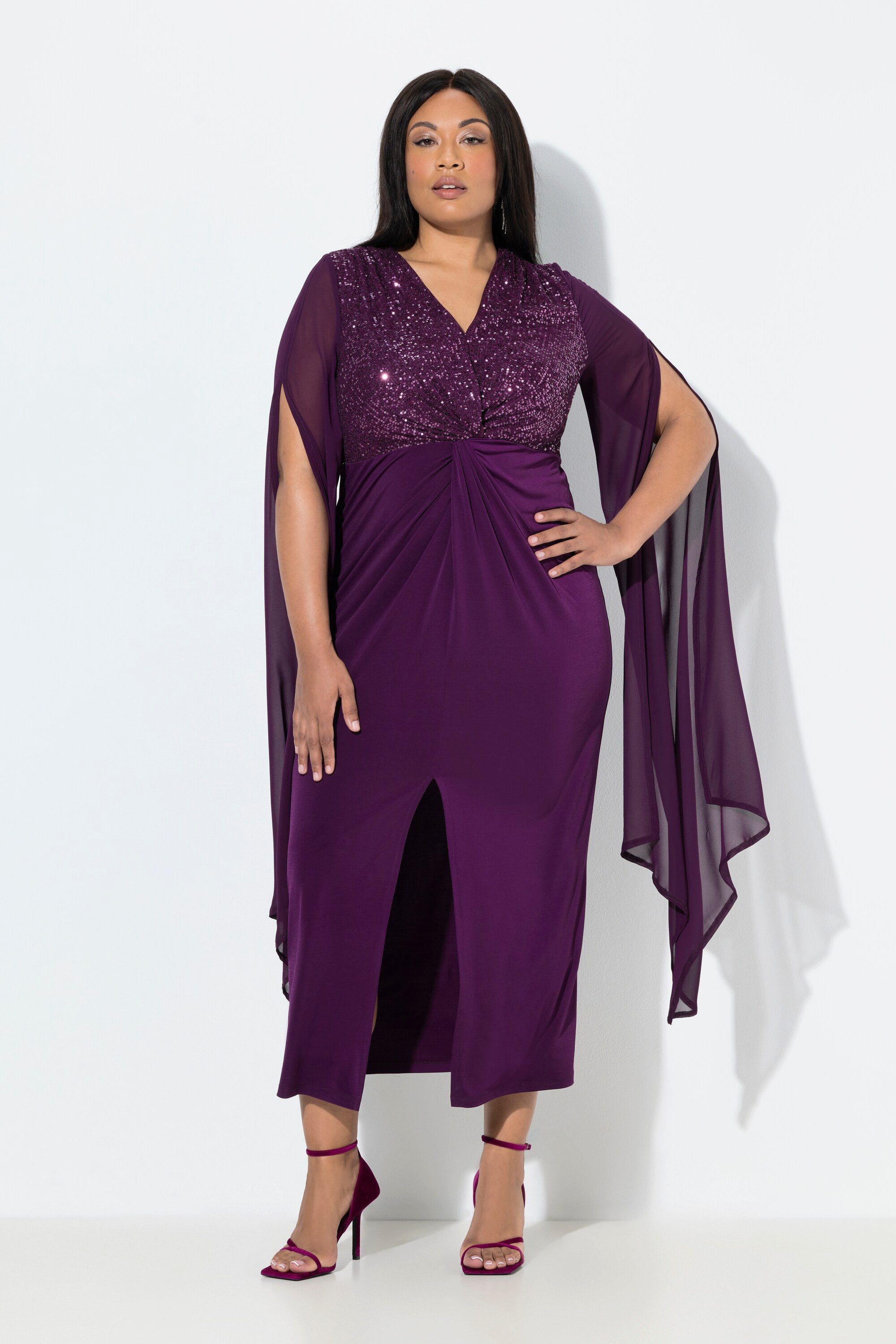 Ulla Popken Partykleid Chiffon-Maxikleid Pailletten V-Ausschnitt günstig online kaufen