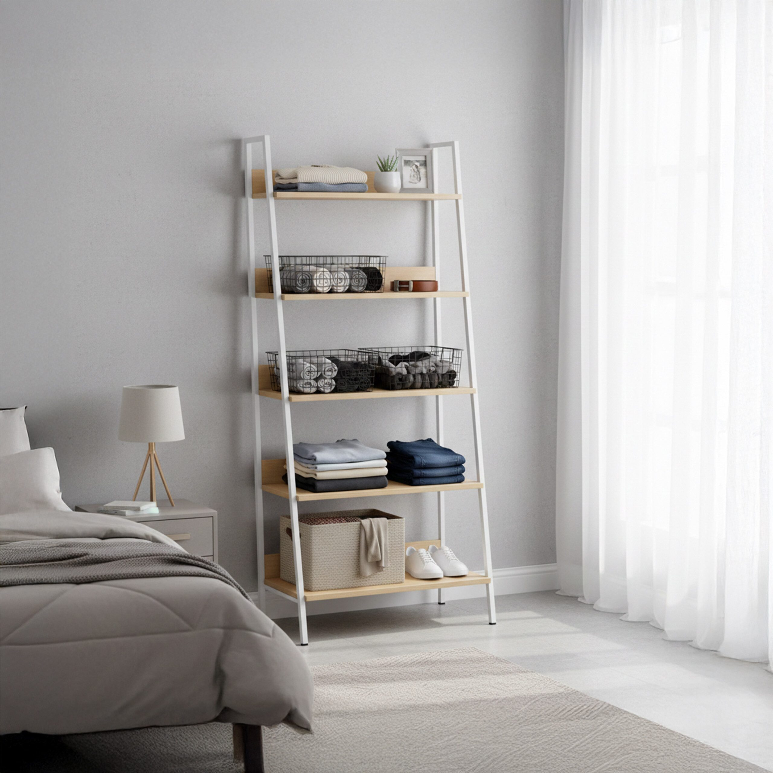 relaxdays Leiterregal Standregal mit 5 Ablagen, Holzoptik-Weiß