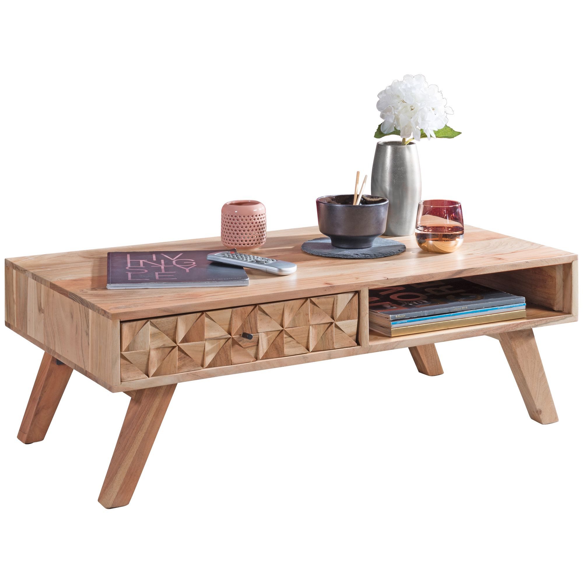 Wohnling Couchtisch WL5.599 REWA Wohnzimmertisch Holz Massiv Sofatisch Tisch Schublade (95x35x50cm Akazie Massivholz / Metall Rechteckig), Wohnzimmertisch Schublade, Sofatisch Kaffeetisch