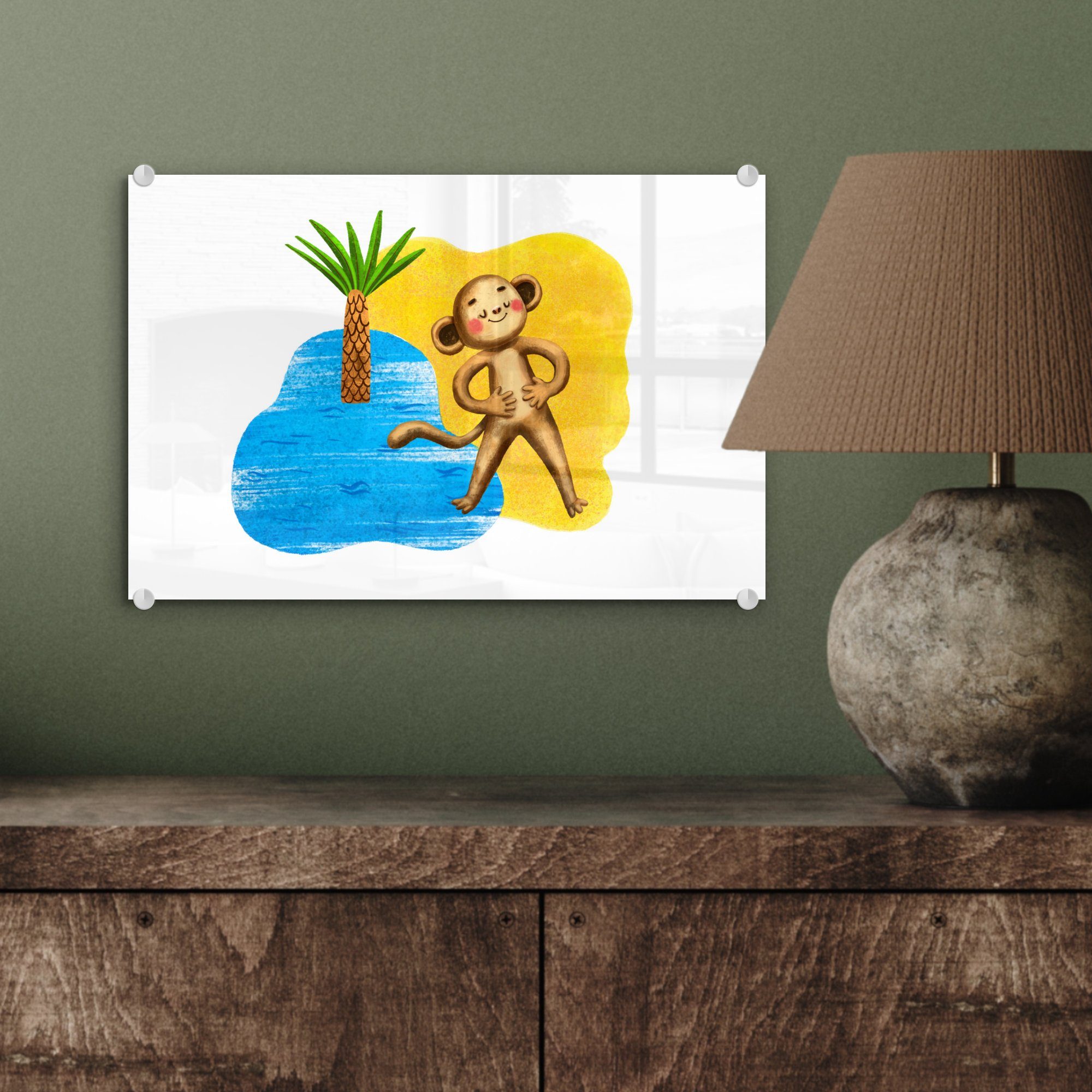 - St), (1 - Affe auf - Wandbild auf Foto Bilder Wanddekoration MuchoWow - Glasbilder Strand Glas Meer, - - Glas Acrylglasbild Palme