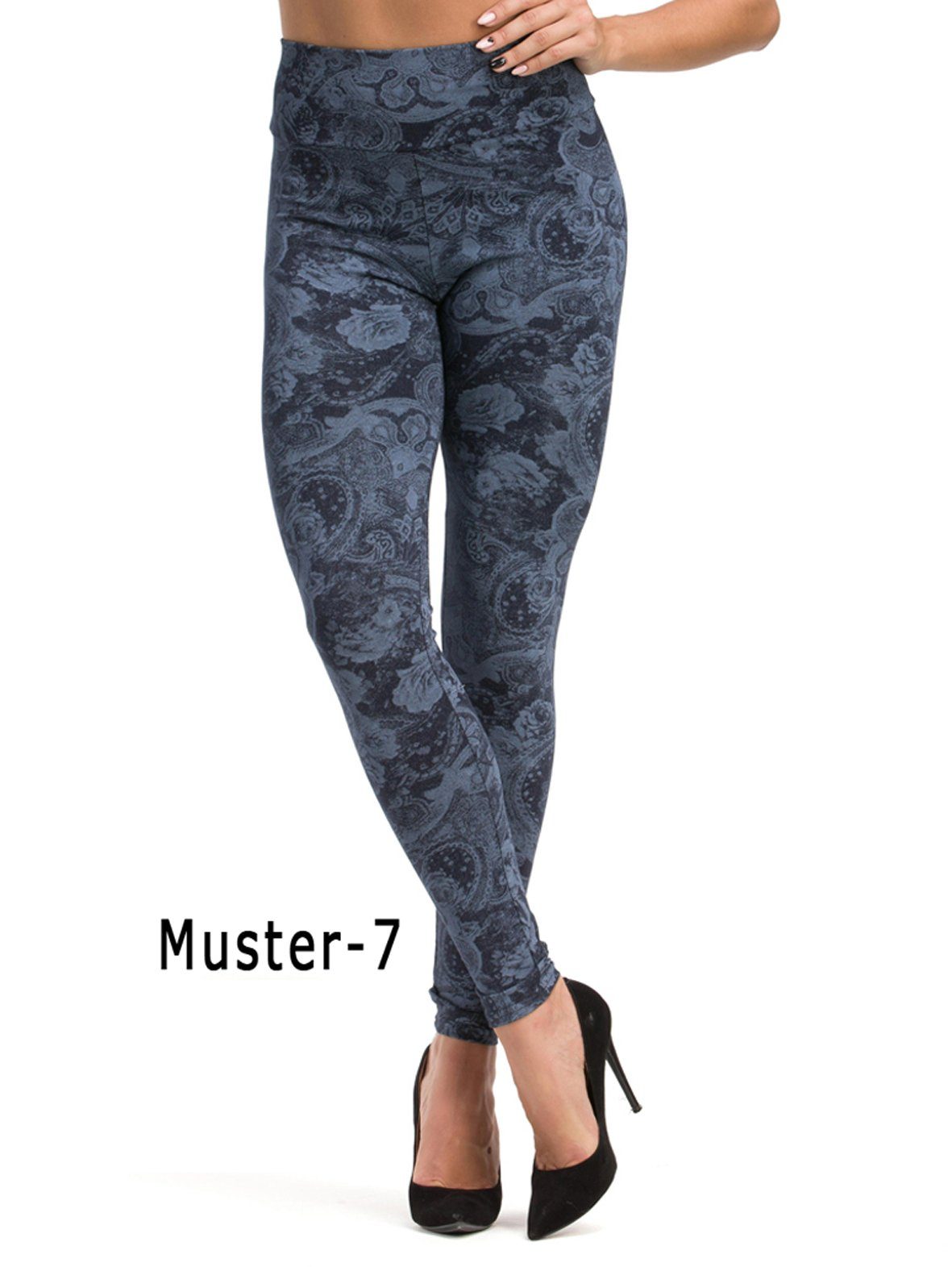 gekämmte gekämmte Hose Baumwolle Damen Bund Leggings 7-blumen-blau lang Leggings Baumwolle hoher YESET Muster