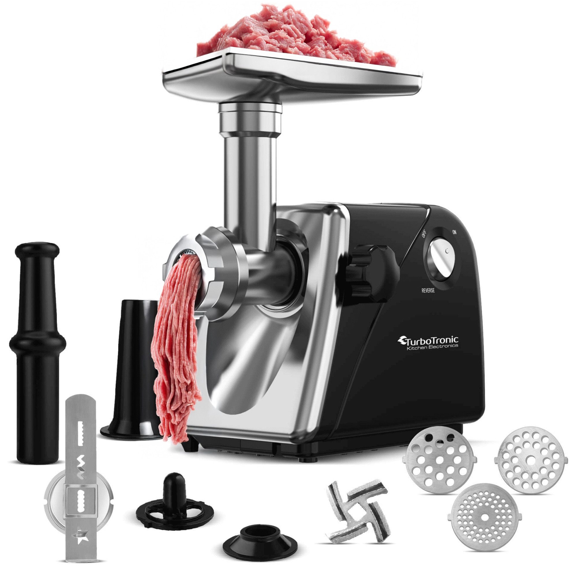 TurboTronic by Z-Line Fleischwolf 2000 W Edelstahlklinge Metallgetriebe mit Spritzgebäckvorsatz Mett, 2000 W, Wurstfüller Hackfleisch Kebbeh Meat Grinder Mincer beste Режущие инструменты