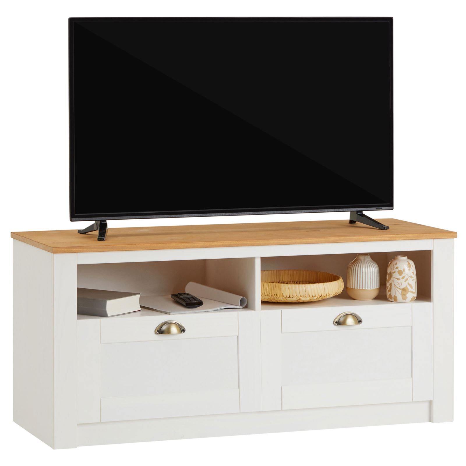 IDIMEX Lowboard BOLTON, TV Schwarz mit 2 Schubladen aus Massivholz mit Muschelgriff Weiß/Braun