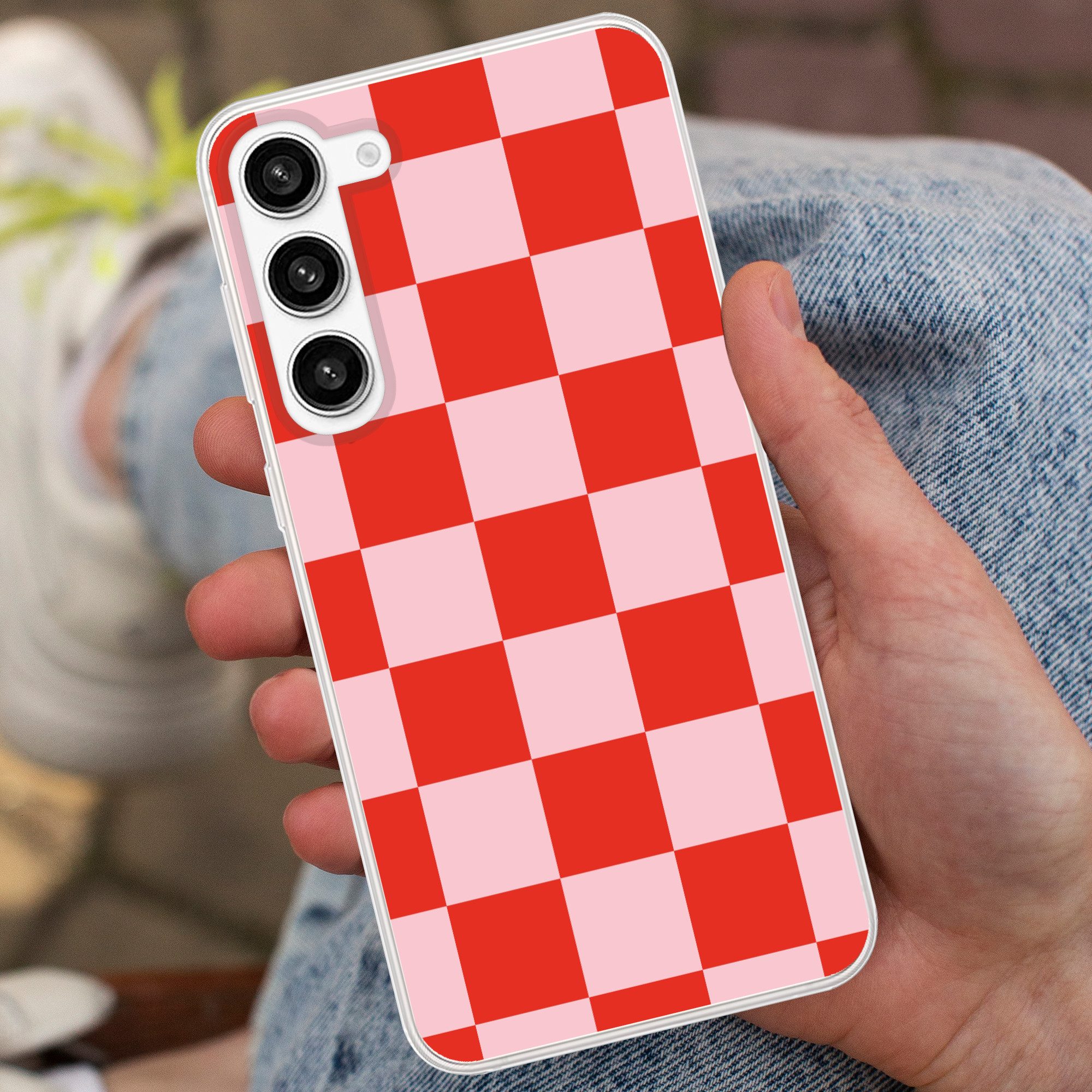 MuchoWow Handyhülle für Samsung Galaxy S23 Plus Schachbrettmuster - Rot - Rosa - Würfel, Phone Case, Silikon, Schutzhülle Dünn