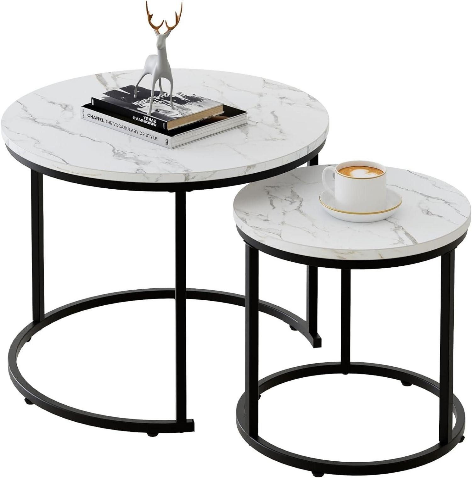 Beistelltisch Runde Couchtische 2er-Set Beistelltisch Metallrahmen Weiß Marmorplatte