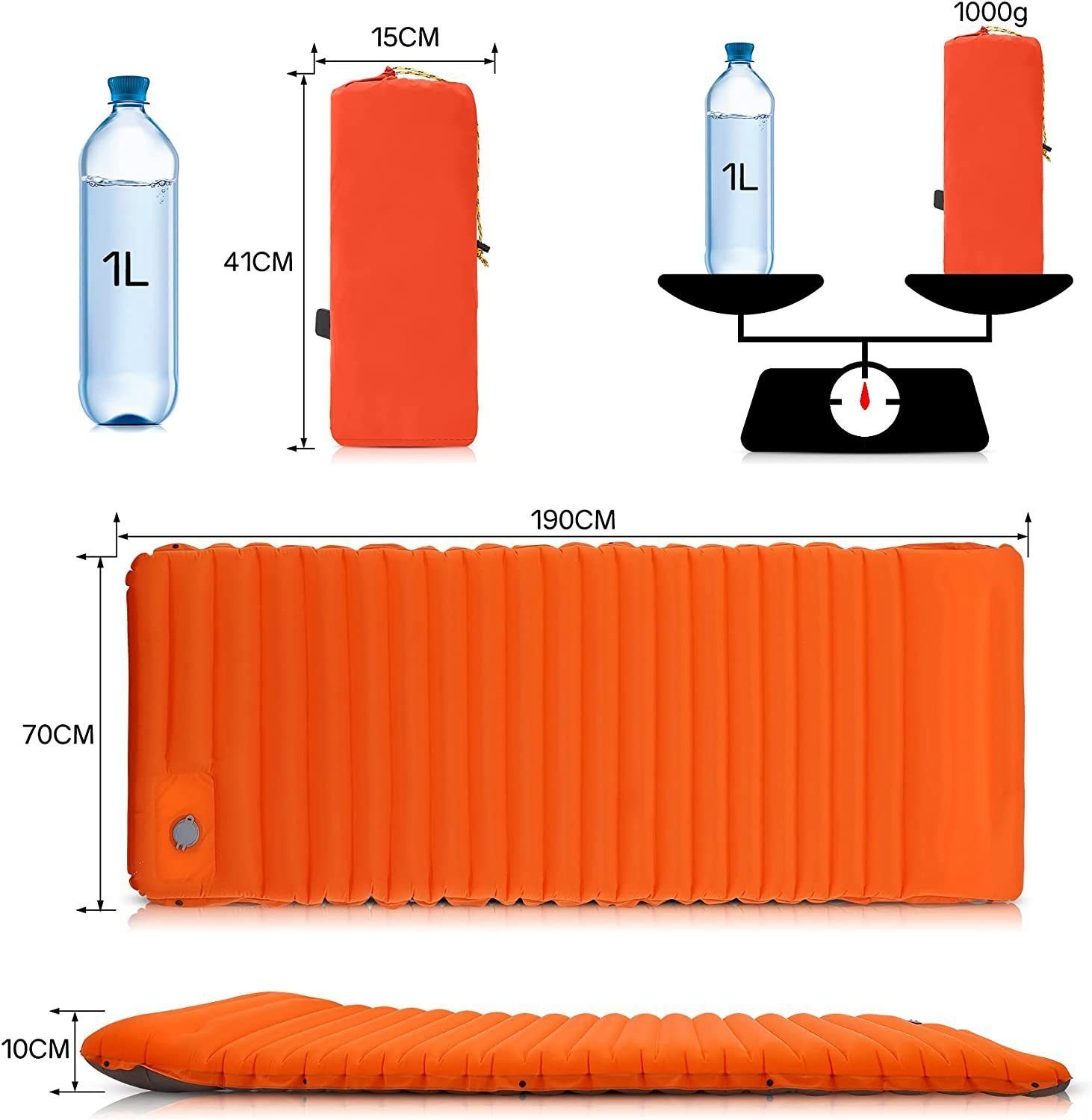 SOTOR Isomatte Camping Isomatte Outdoor Fußdruckpumpe,10CM,Selbstaufblasend Matratze Schlafmatte. mit Matratze, aufblasbare Wasserdicht Orange