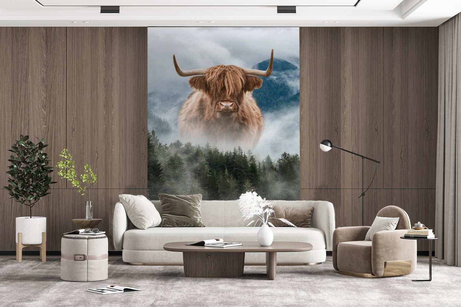 Wohnzimmer, bedruckt, Matt, Berge, - Wandtapete Fototapete Nebel MuchoWow Montagefertig Highlander für Schottische Tapete St), (3 Vinyl -