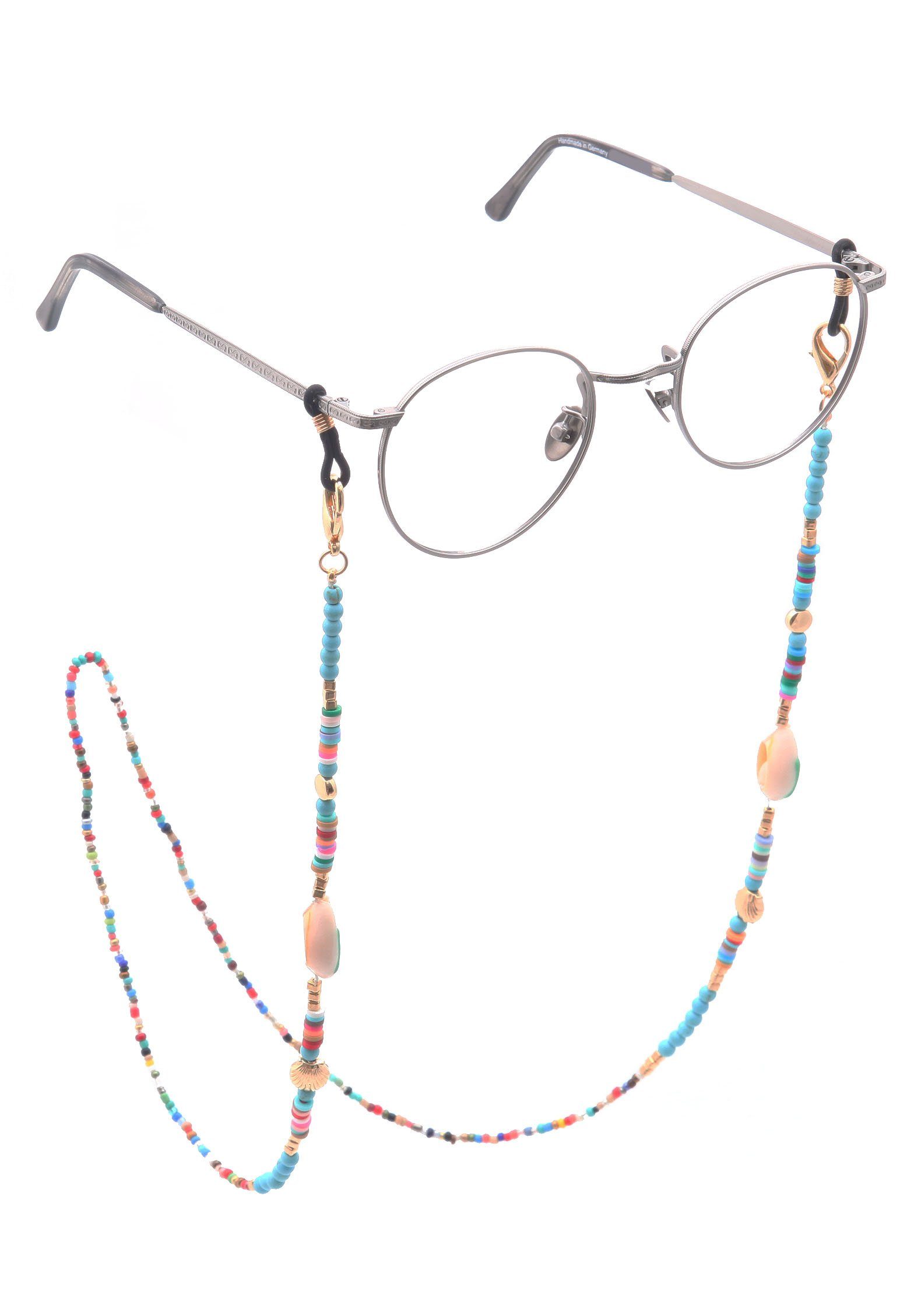 Muscheln, Karabinerverschluss Glasperlen, maritim, mit Natursteinen, Firetti und Brillenkette bunt, Acryl-