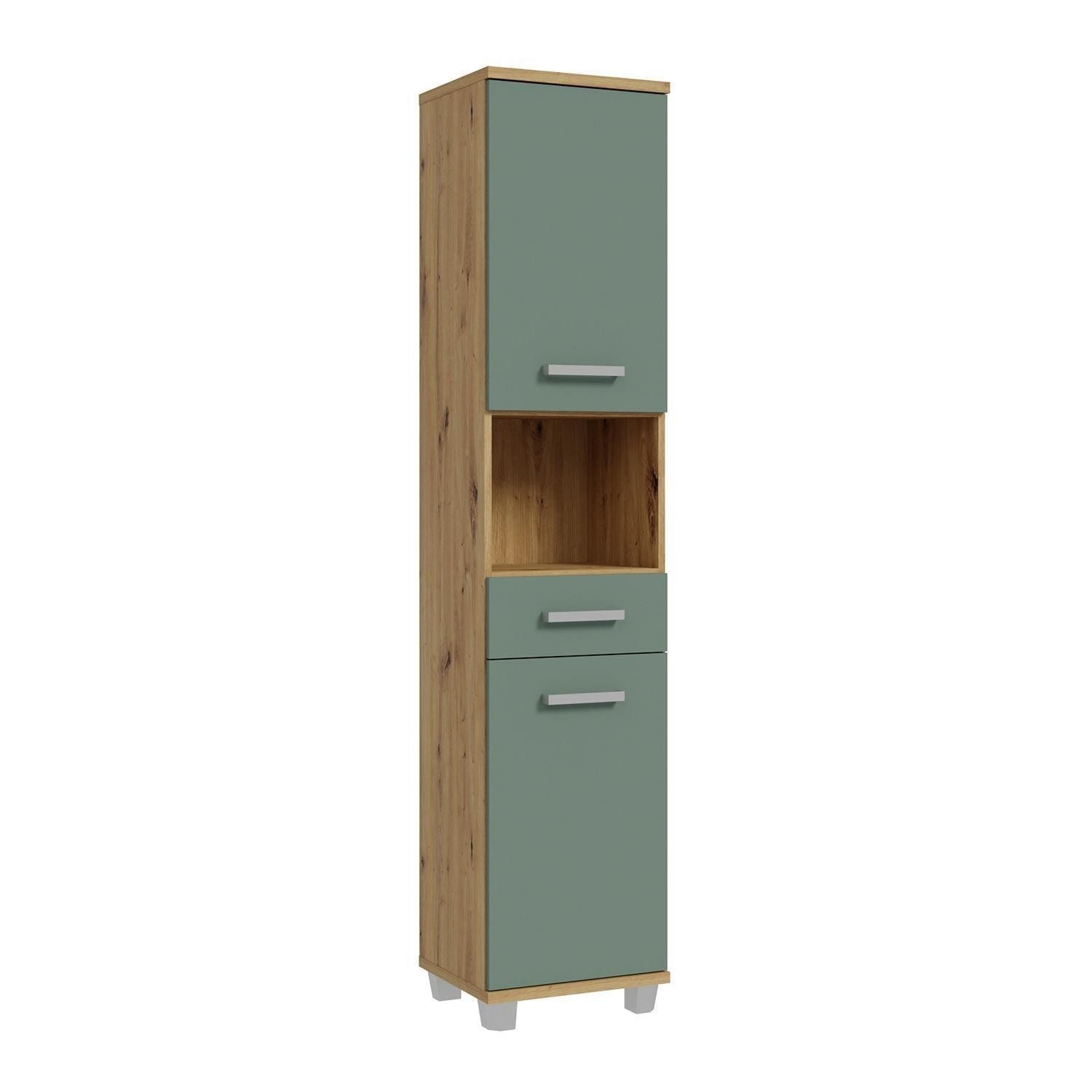 FORTE Hochschrank VERIS, B 40 x H 187 x T 35 cm, Artisan Eiche Dekor Salbeigrün matt, 2 Türen, 1 Schublade