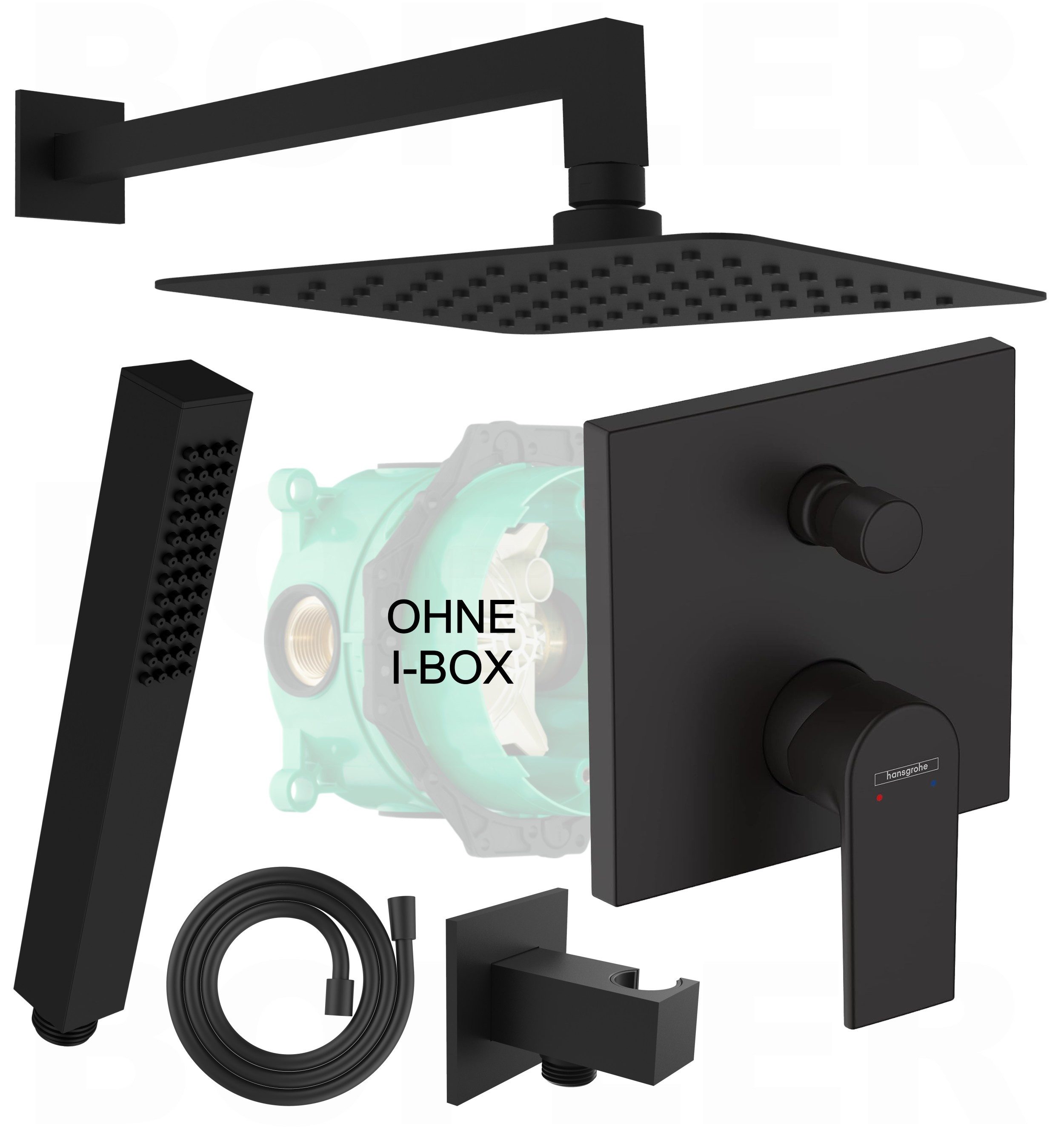 Hansgrohe und Bofler Duscharmatur Vernis Shape Unterputz Armatur mit Umsteller für zwei Verbraucher (OHNE IBOX, Duschsystem, Duschset, Duschanlage, inkl. BOFLER Duschset #22-O, Brauseset, Regendusche 20x20cm, Wandarm) matt schwarz, Wassersparende Regendusche
