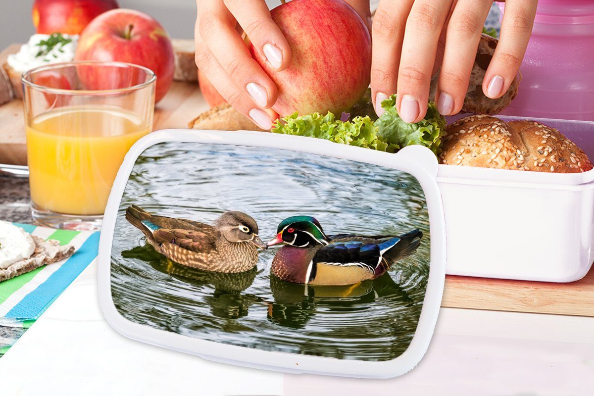 - Kunststoff, Brotbox weiß Mädchen Federn Wasser Brotdose, und (2-tlg), Jungs Tiere, Kinder Lunchbox Erwachsene, - für und Ente Vögel für MuchoWow - -