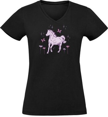 MyDesign24 T-Shirt Damen Pferde Print Shirt - Pferd mit Blumen V-Ausschnitt Baumwollshirt mit Aufdruck Slim Fit, i144