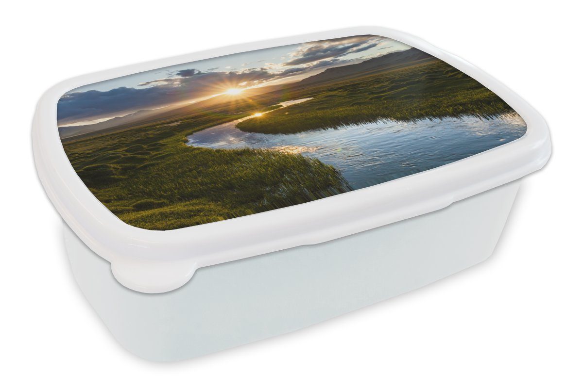 MuchoWow Lunchbox Fluss mit Blick auf einen Sonnenuntergang, Kunststoff, (2-tlg), Brotbox für Kinder und Erwachsene, Brotdose, für Jungs und Mädchen weiß