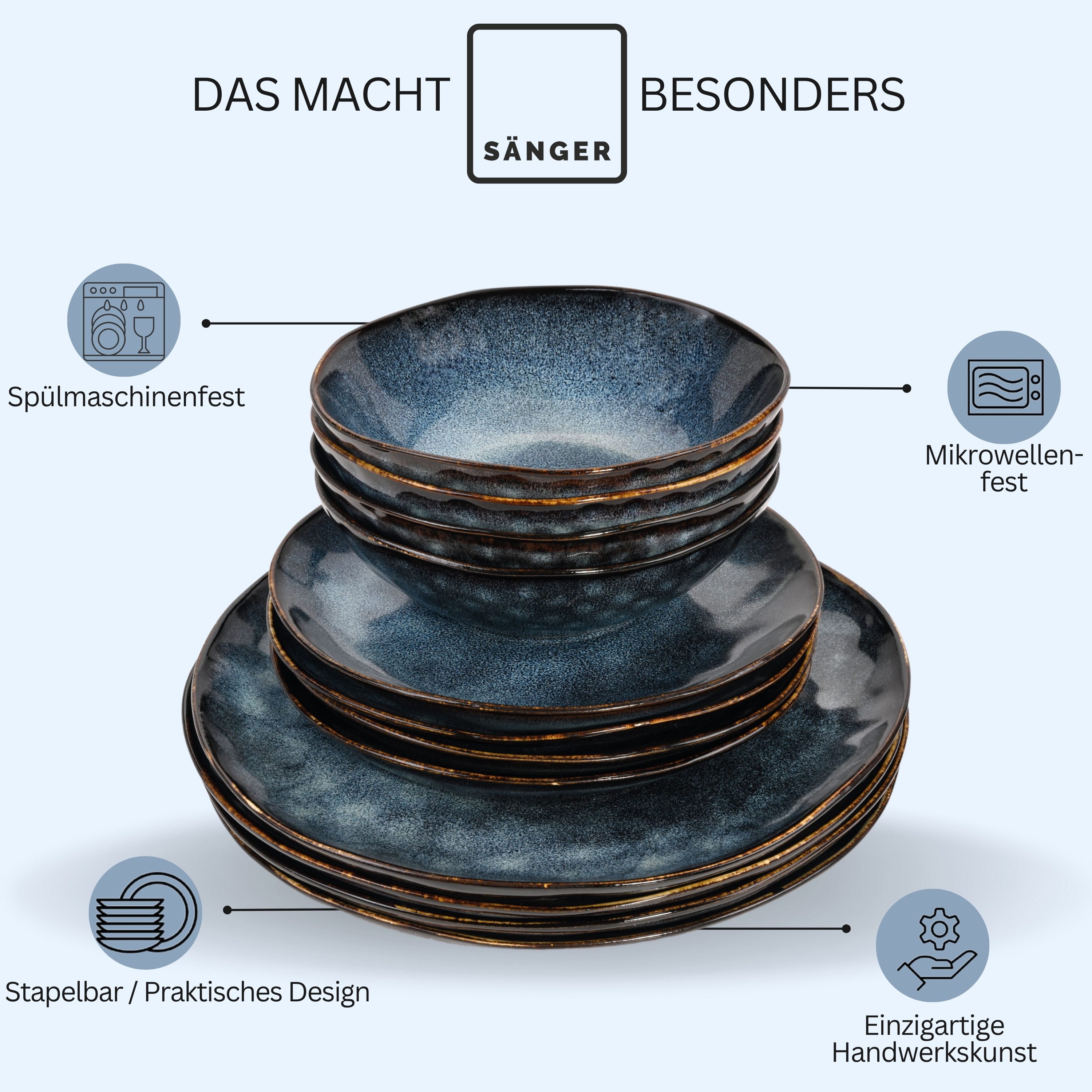 SÄNGER Tafelservice Tokio Geschirrset (16-tlg), 4 Personen, Steingut, Blau Schwarz, Handmade, Premium Collection – Bild 4 von 5