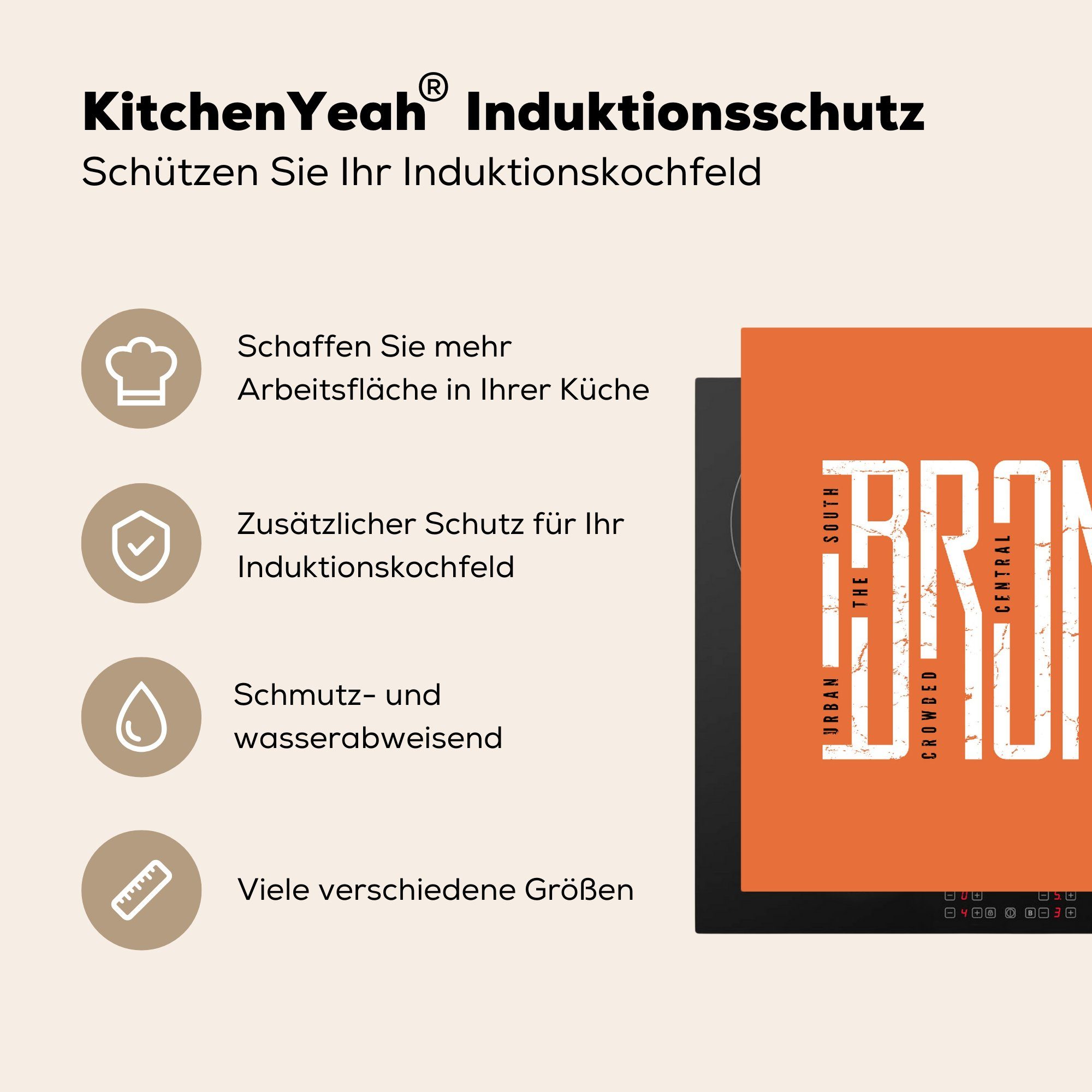 MuchoWow Herdblende-/Abdeckplatte Illustration "Bronx" auf Vinyl, Ceranfeldabdeckung, tlg), Arbeitsplatte für küche Hintergrund, orangefarbenem 78x78 cm, (1