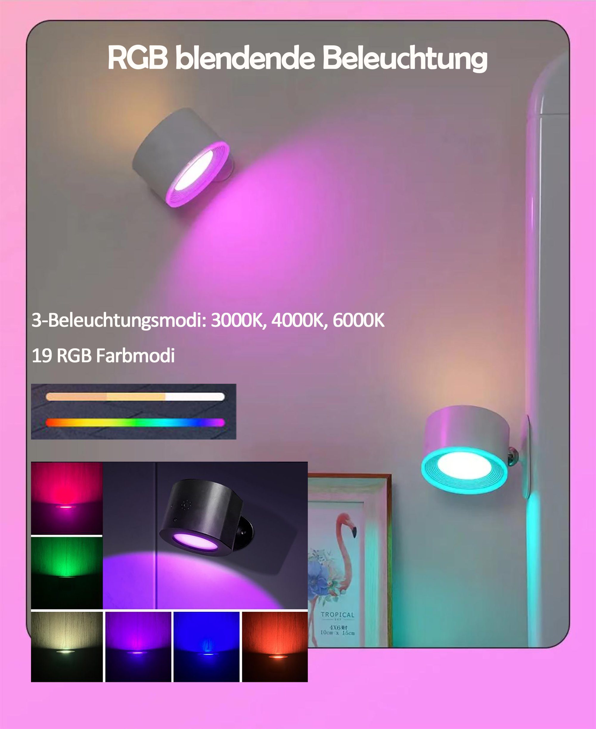 Touch-Steuerung schwarz Aufladbare USB-C Wandlampe 3 Farbtemperaturen, LED Rotation, 3 3000K-4000K-6000K, Wandleuchte LED Innen, 320LM, Leselampe, 360° Abnehmbare Wandlampe Nachttischlampe Akku Helligkeitsstufen KUGI Klemmleuchte Tischlampe