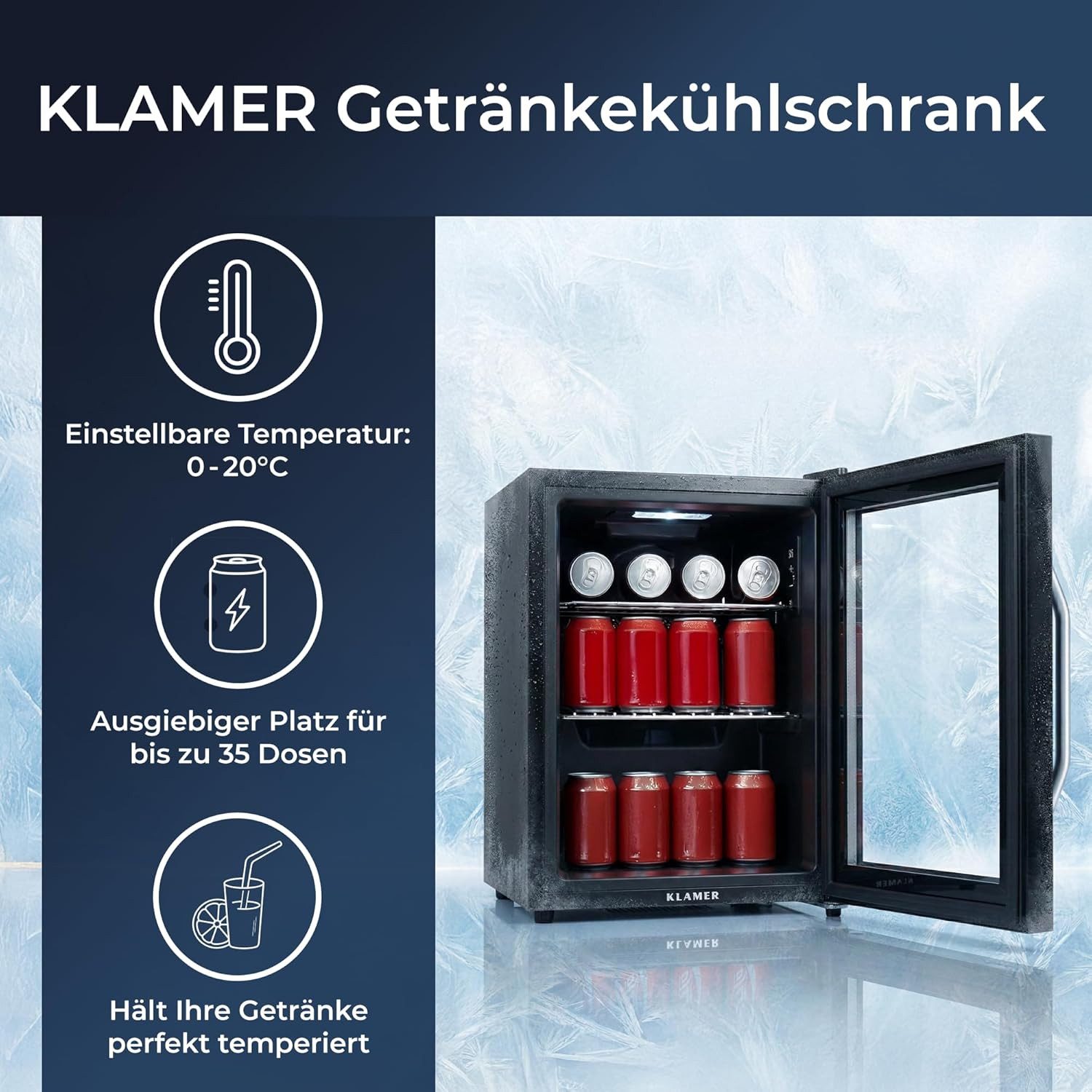 KLAMER Getränkekühlschrank 96020, 55 cm hoch, 40 cm breit, Temperaturkontrolle, Energieeffizient, Glasfront