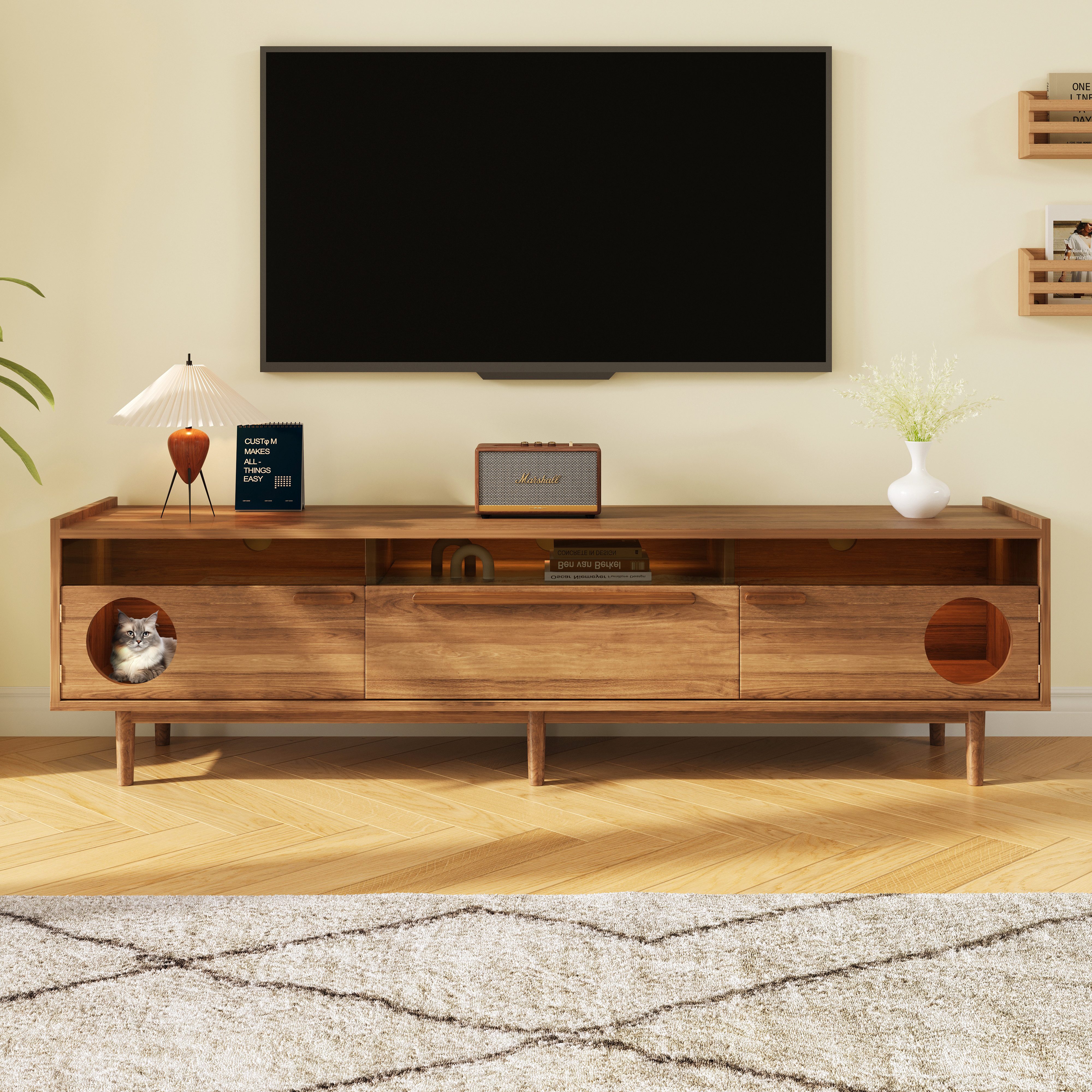 Celya Lowboard Moderner Fernsehschrank mit LED-Beleuchtung (stahlverstärkten Glastüren & 1 Schublade, ohne Katzenkissen, Nussbaumfarben, 180×40×50 cm), mit Katzenruheraum, Stützhebeln