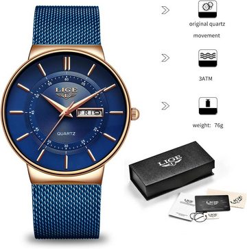 Lige LG9949D Watch (1.57 Zoll), Herren-Armbanduhr Gold Blau ultradünn, Edelstahl, modisch, analog