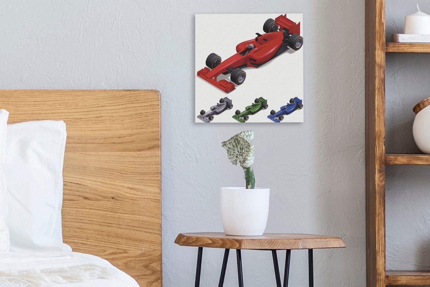 Rennwagen Verschiedenfarbige OneMillionCanvasses® Leinwandbild Leinwand der Illustration, Wohnzimmer einer aus (1 Schlafzimmer für St), Formel Bilder 1 in