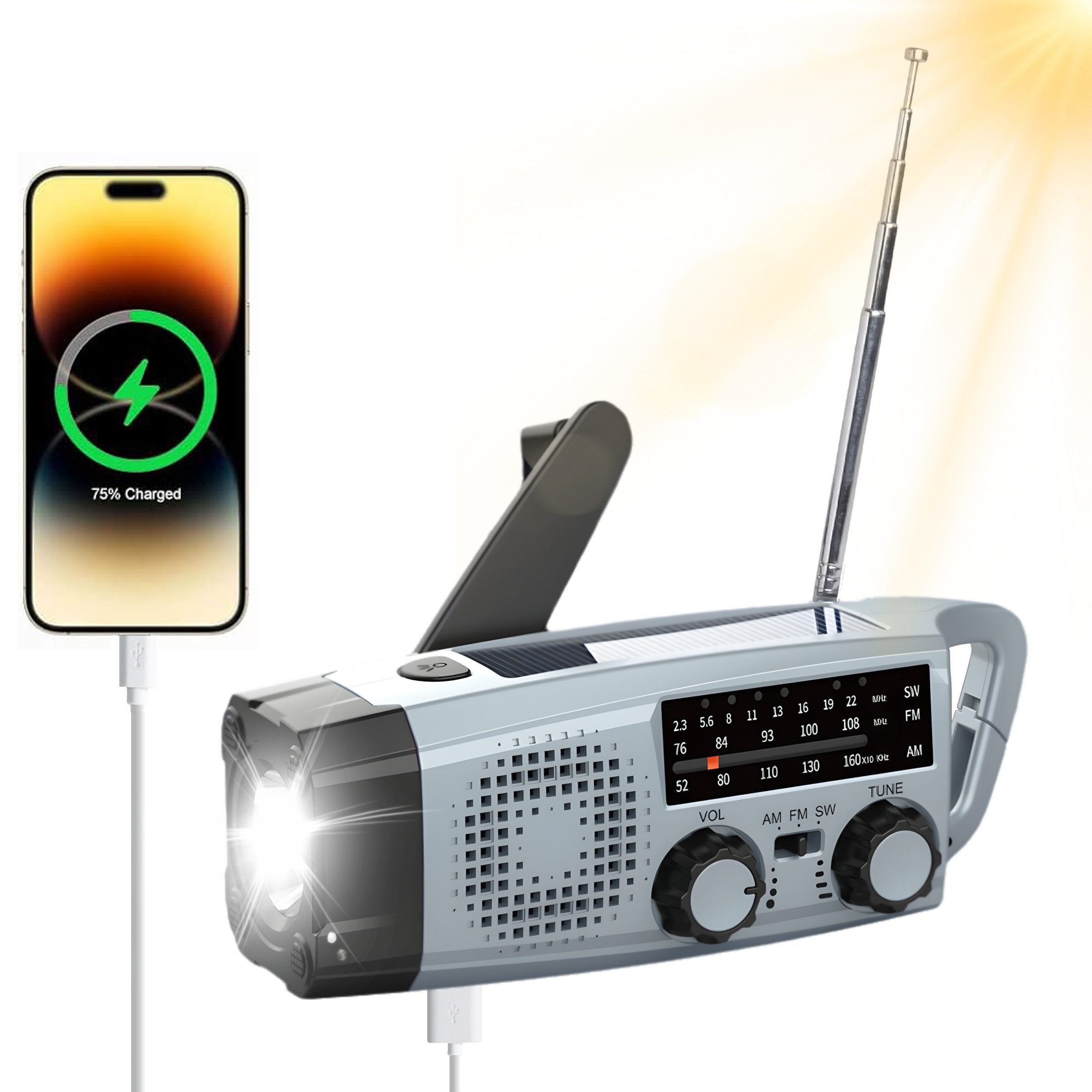 Forrlite Notfallradio, Kurbelradio, Solarradio, Outdoor-Radio mit Powerbank Radio (7,5 W, AM/FM/Kurzwellenradio, Taschenlampe, SOS-Alarm, Handy-Ladefunktion)