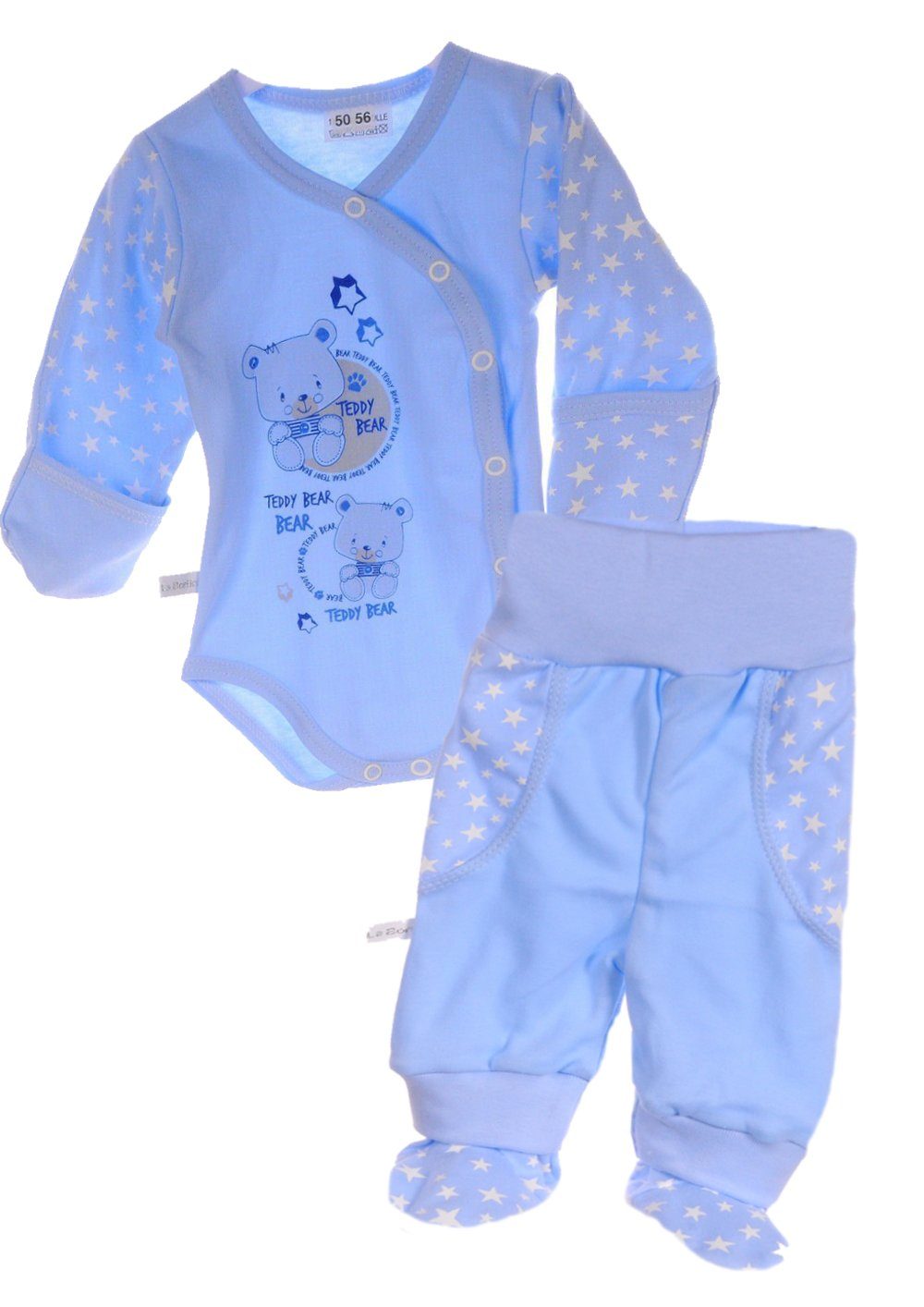 Body & Hose Wickelbody Schlupfhose Baby Anzug Set in Blau mit Sternen und Bär