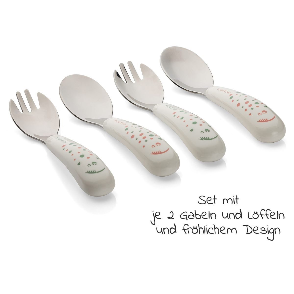 MiaMia Besteck-Set Rose, Edelstahl 18/10 / Kunststoff PP, Kinder Esslern Set Silikon Teller & Besteck (2 Löffel & 2 Gabeln)