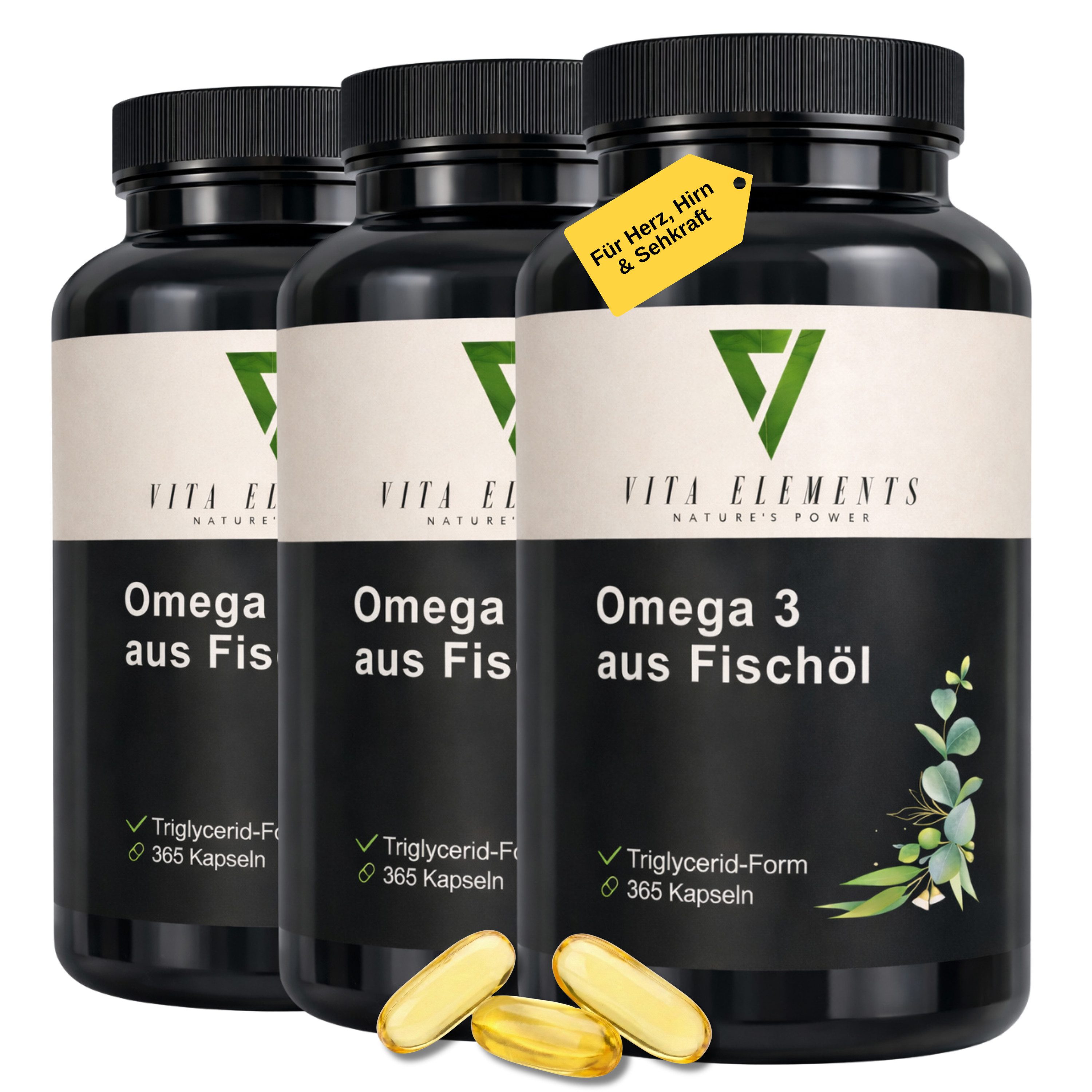 Vita Elements 3er Set Omega 3 aus Fischöl Kapseln, 1095 Stk. Aus nachhaltigen Fischfang Frei von Gentechnik Laborgeprüft