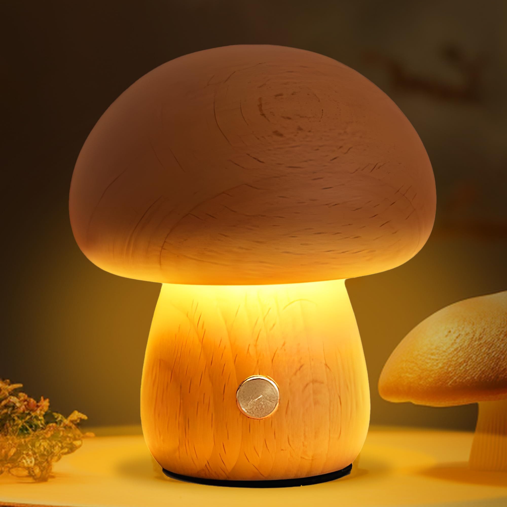 Schreibtischlampe LED Pilz-Holzlampe Tragbare Tischleuchte Pilzlampe aus Holz, schnurlos