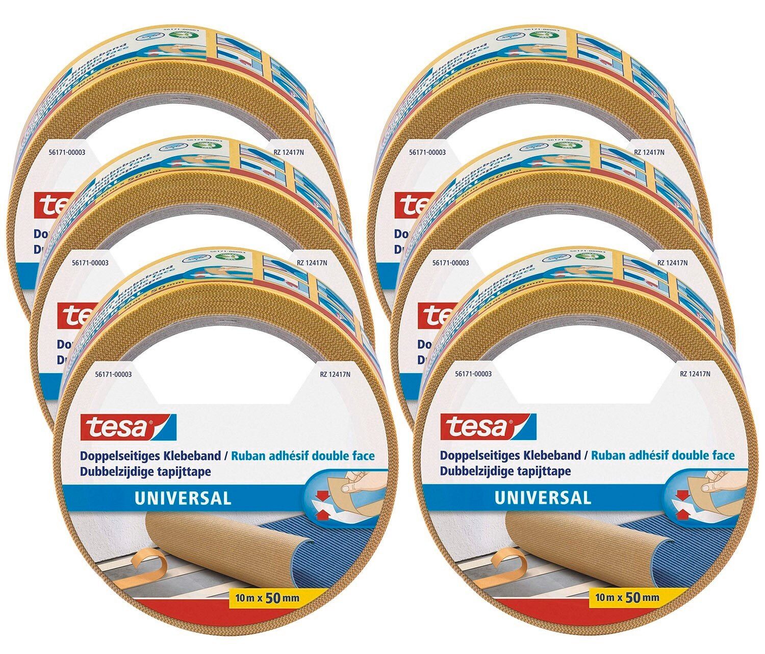 tesa Doppelklebeband UNIVERSAL Doppelseitiges Klebeband (Set, 6-St., 6x tesa® doppelseitige Klebeband universal) Gewebeklebeband / Verlegeband für Teppiche & Basteln - 10 m : 50 mm