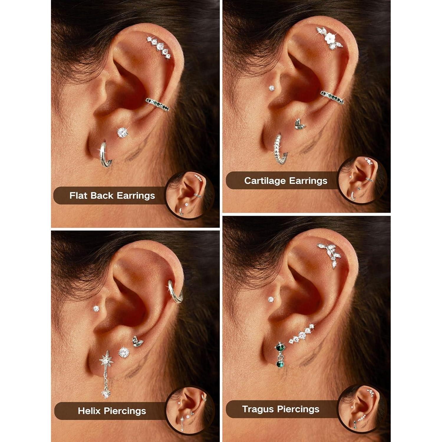 LuxusKollektion Piercing-Set Ohrringe Helix Tragus Conch Chirurgenstahl 12Pcs CZ Silber grüncz – Bild 4 von 5