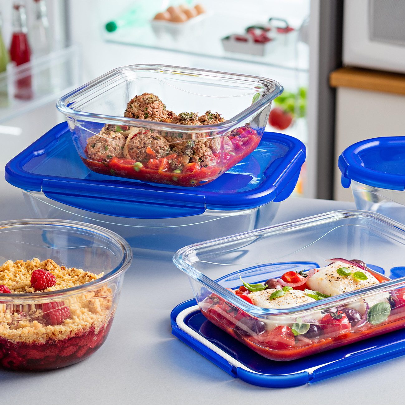 PYREX Frischhaltedose Cook & Go, Borosilikatglas, (Meal-Prep-Set, 7-tlg., rund, quadratisch & rechteckig, 0,7–3,3 l), luftdicht, auslaufsicher, ofen- & mikrowellengeeignet, gefriergeeignet