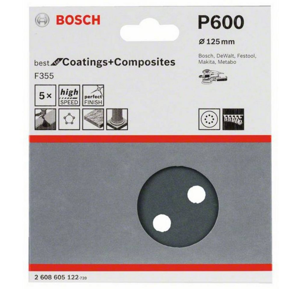 Thumbnail - BOSCH Schleifpapier Schleifblatt F355, 125 mm, 600, 8 Löcher, Klett, mit Klett, gelocht
