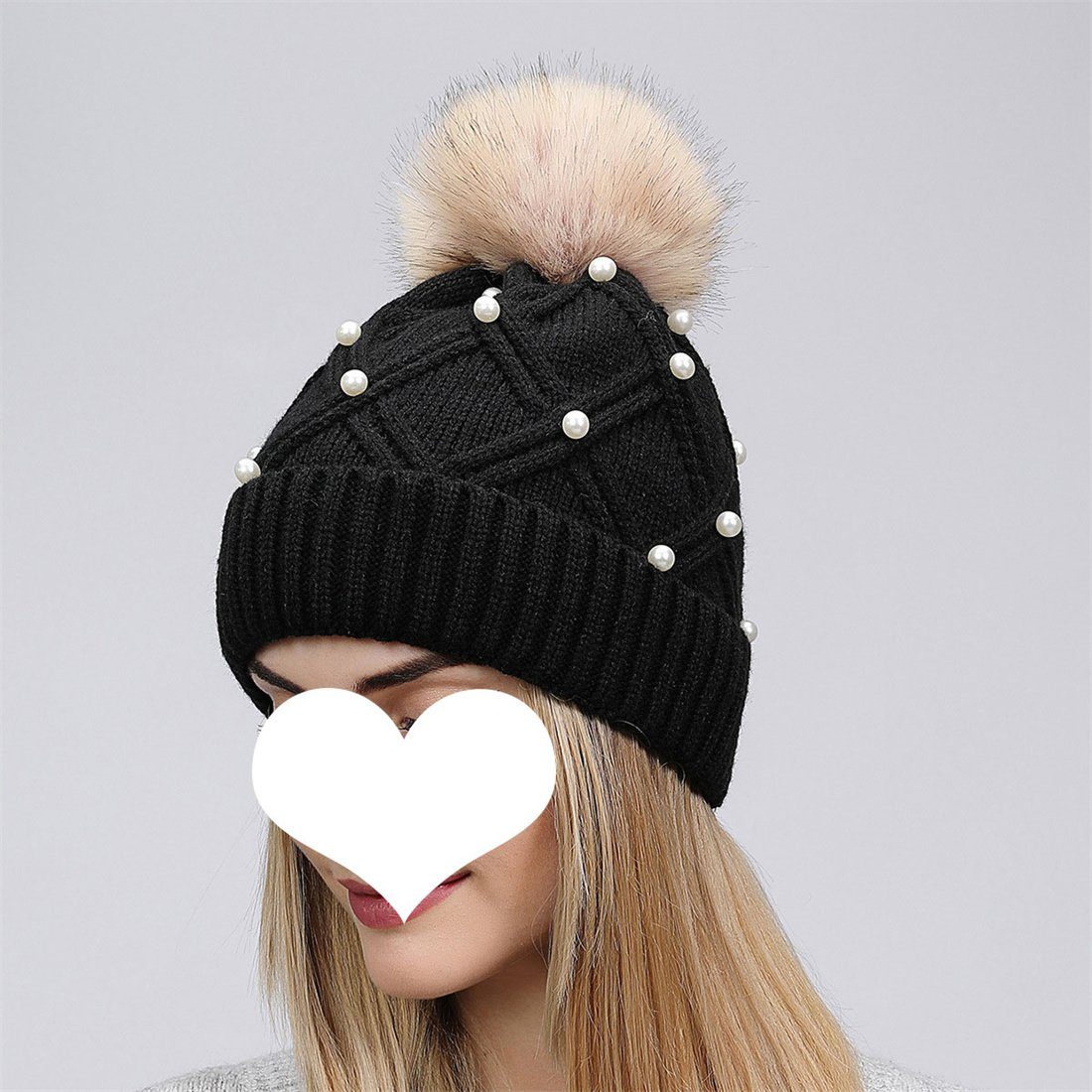 DÖRÖY Strickmütze Thickened Winter Knitted Cap Fashion Hairball Woolen Warm Rosa Women's Cap