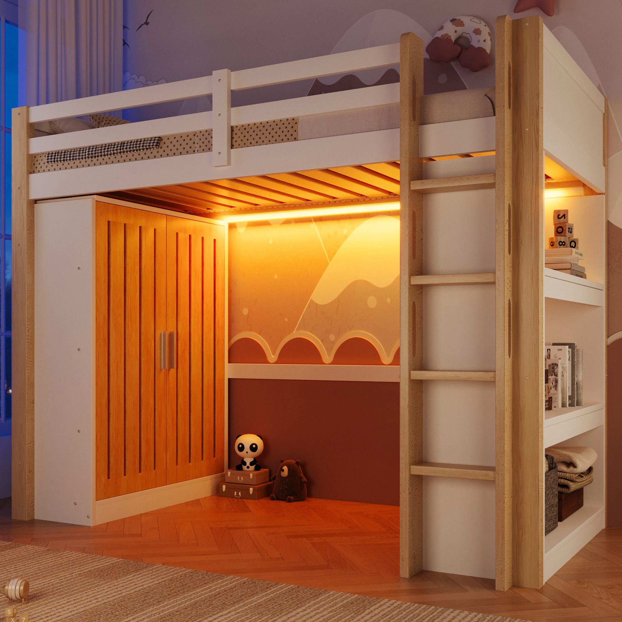 Merax Hochbett mit LED-Beleuchtung (Jugendbett Holzbett, 1-St) Kiefernholz Kinderbett 90x200cm mit Kleiderschrank Regal Schreibtisch