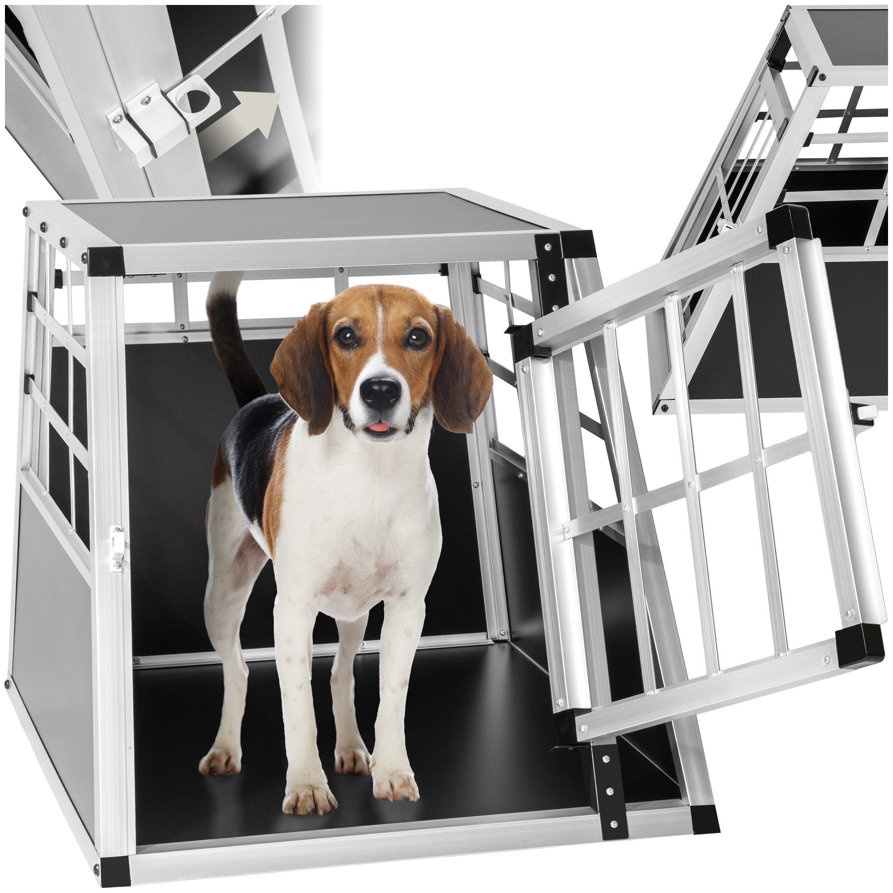 tectake Tiertransportbox Hundetransportbox single aus Aluminium mit schützenden, gerade Rückwand, robust und pflegeleicht, verschließbare Gittertür von TECTAKE