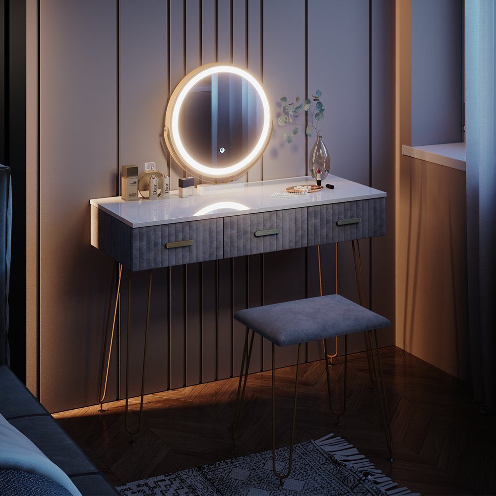 Vicco Schminktisch Layla, Weiß/Grau, 100 cm mit LED Beleuchtung und Hocker
