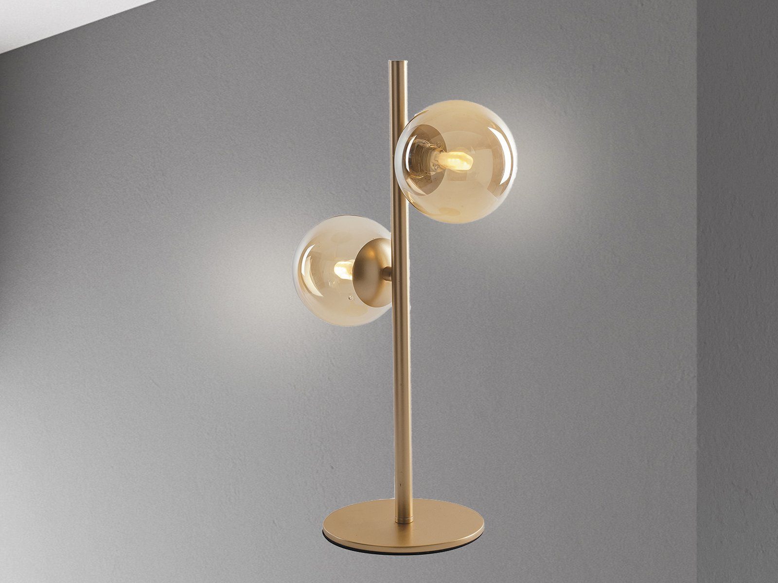 meineWunschleuchte LED Nachttischlampe, Dimmfunktion, LED wechselbar, Warmweiß, große ausgefallene Designer Bauhaus Lampe dimmbar, 2x Glas-kugel Gold