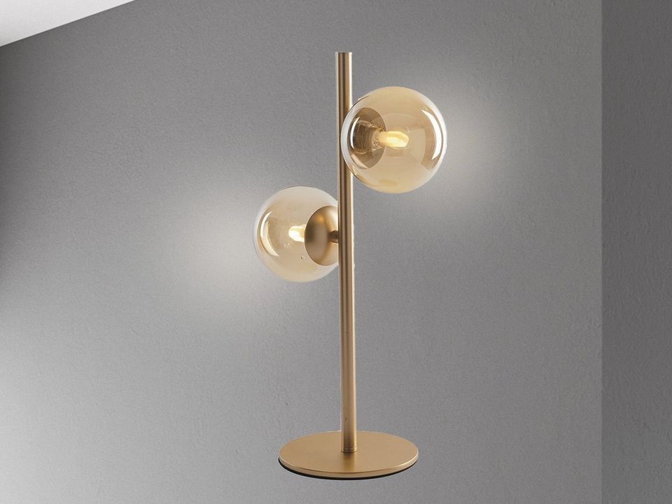 meineWunschleuchte LED Nachttischlampe, Dimmfunktion, LED wechselbar,  Warmweiß, große ausgefallene Designer Bauhaus Lampe dimmbar, 2x Glas-kugel  Gold