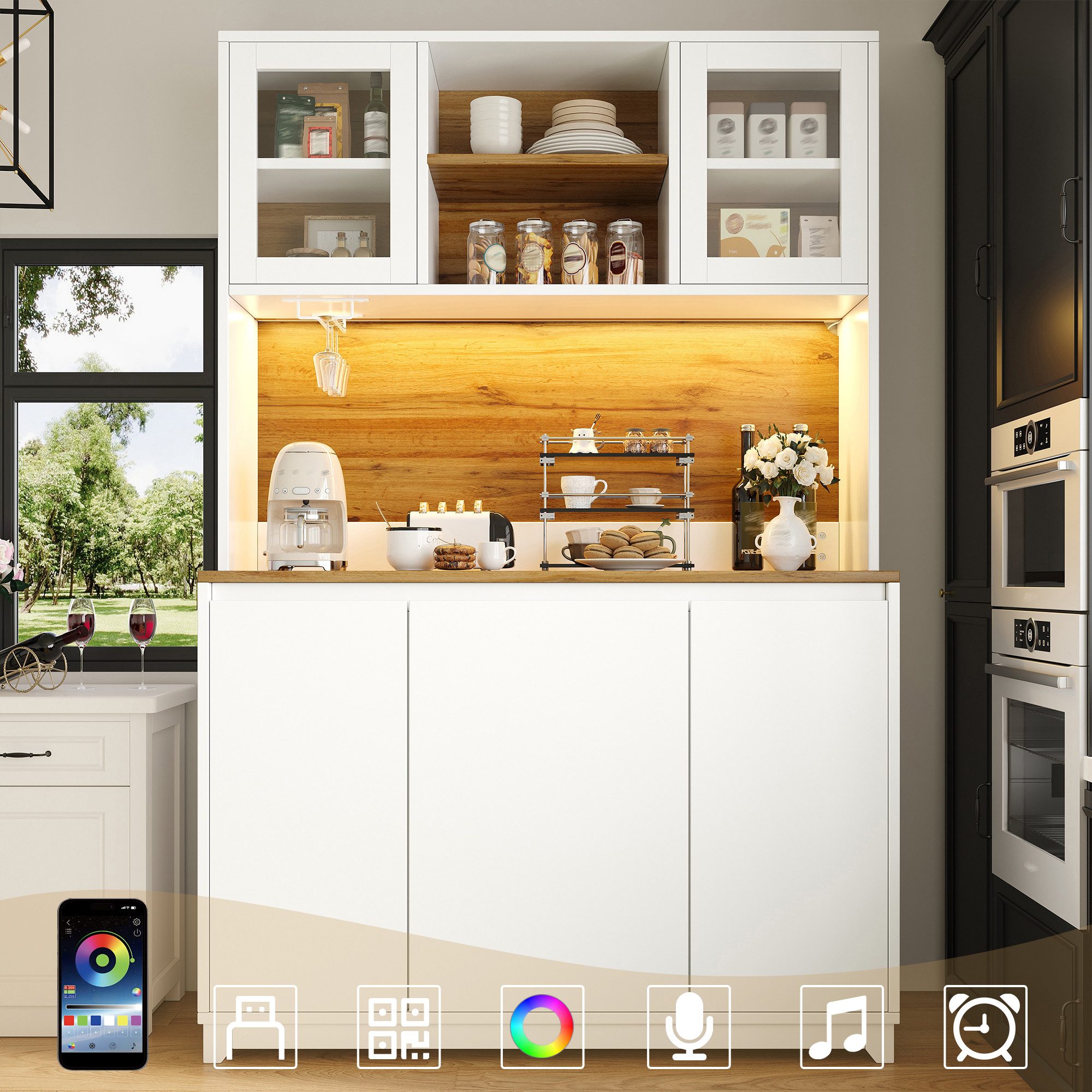 Flieks Küchenbuffet mit LED-Beleuchtung, Mülleimerfächern, Acryltüren und Gläserhalter (120×40×180 cm, 1-St) Hoschschrank Küchenschrank Buffetschrank mit verstellbare Ablagen