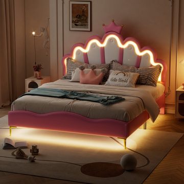 Ulife Polsterbett LED Kinderbett Einzelbett mit krone-Form Prinzessinnenbett, verstellbarer LED-Umgebungslichtstreifen, 140 x 200cm