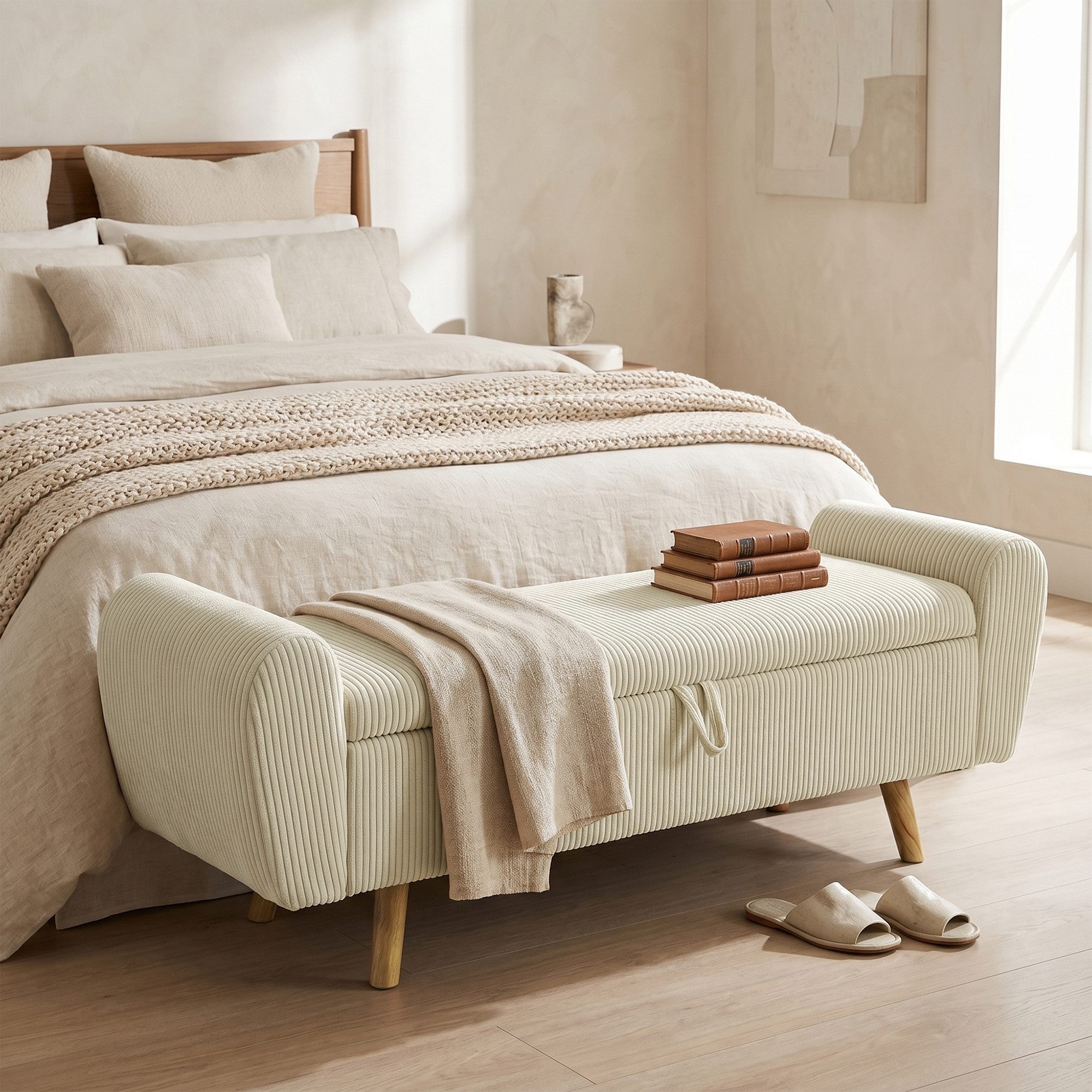 HOMCOM Sitzbank Polsterbank mit Cord-Optik, Holzfüßen und Gerollten Armlehnen (Set, 1-St., mit Stauraum), für Wohnzimmer, Schlafzimmer, Flur, 150 x 45 x 51 cm, Beige