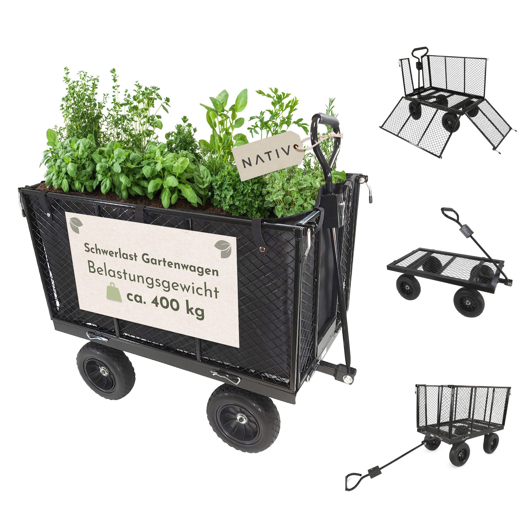 Lemodo Transportwagen Schwerlast Gartenwagen 400 kg aus Stahl mit Gummireifen, bis 400 kg Tragkraft, Gummiräder, klappbare Seitenteile